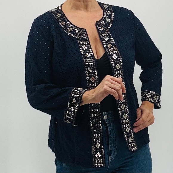 Chico's Sweaters - Chico’s Boho Eyelet Crochet Beaded Studded Sequins Coastal Open Cardigan Jacket
